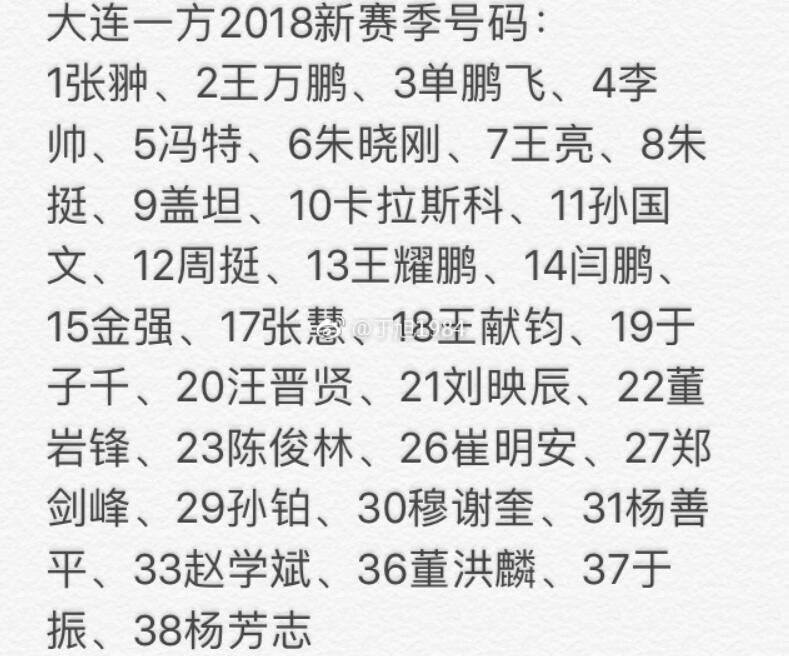 大连一方球员号码:卡拉斯科10号 盖坦9号