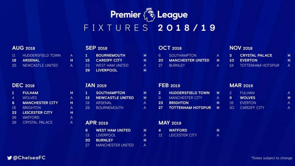 切尔西18\/19赛季英超赛程:次轮战枪手,12月密