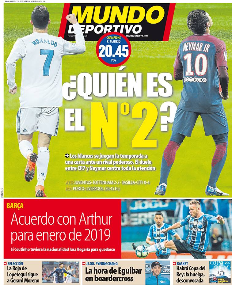 西甲今日头版:皇马今晚战巴黎 C罗对决内马尔