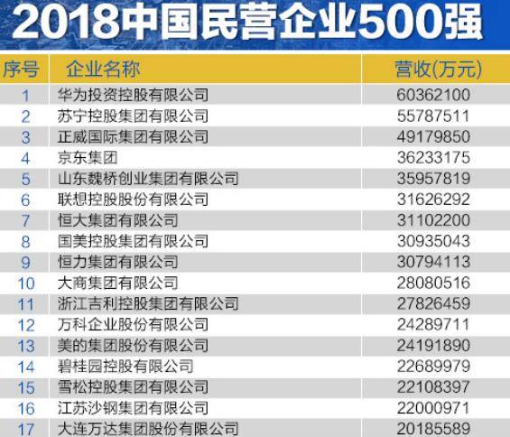 2018 中国民营企业500 强 苏宁第二恒大第七万达第十七