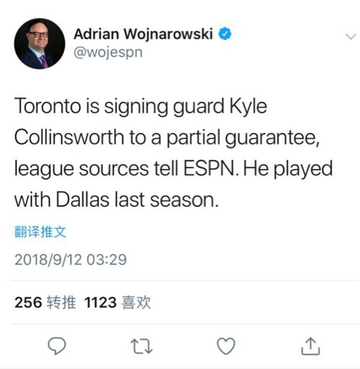 Woj ：猛龙将与科林斯沃思签下部分保障合同