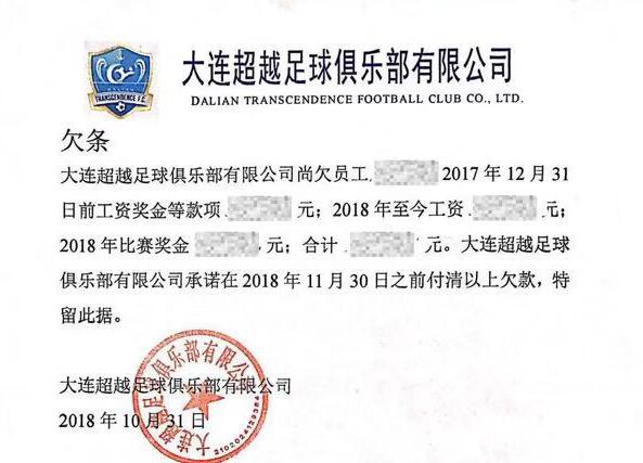 大连超越欠薪欠条曝光，新赛季能否注册尚存疑