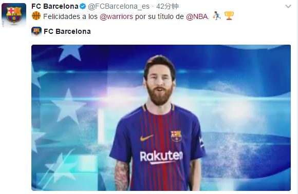 MSN出镜,巴萨官推祝贺勇士夺冠-直播吧zhibo