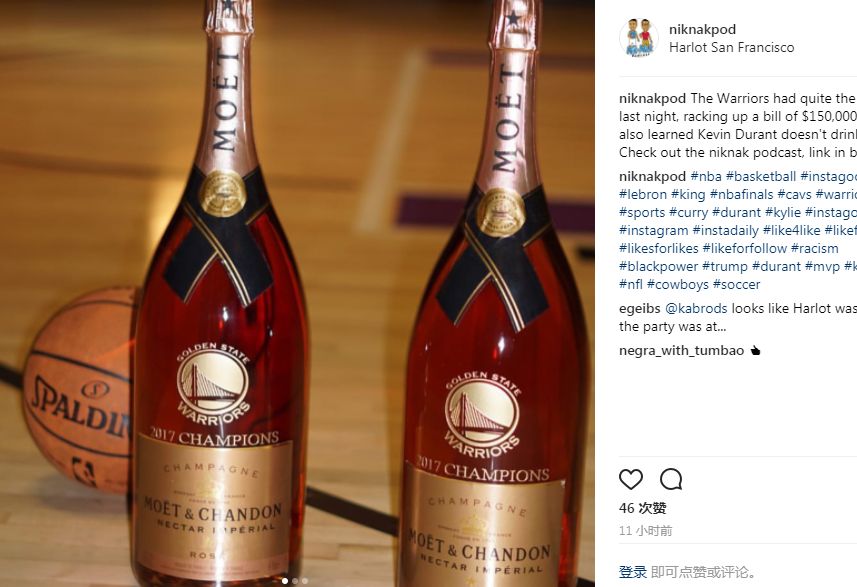 勇士夺冠后前往夜店庆祝 喝掉80瓶酩悦香槟-直