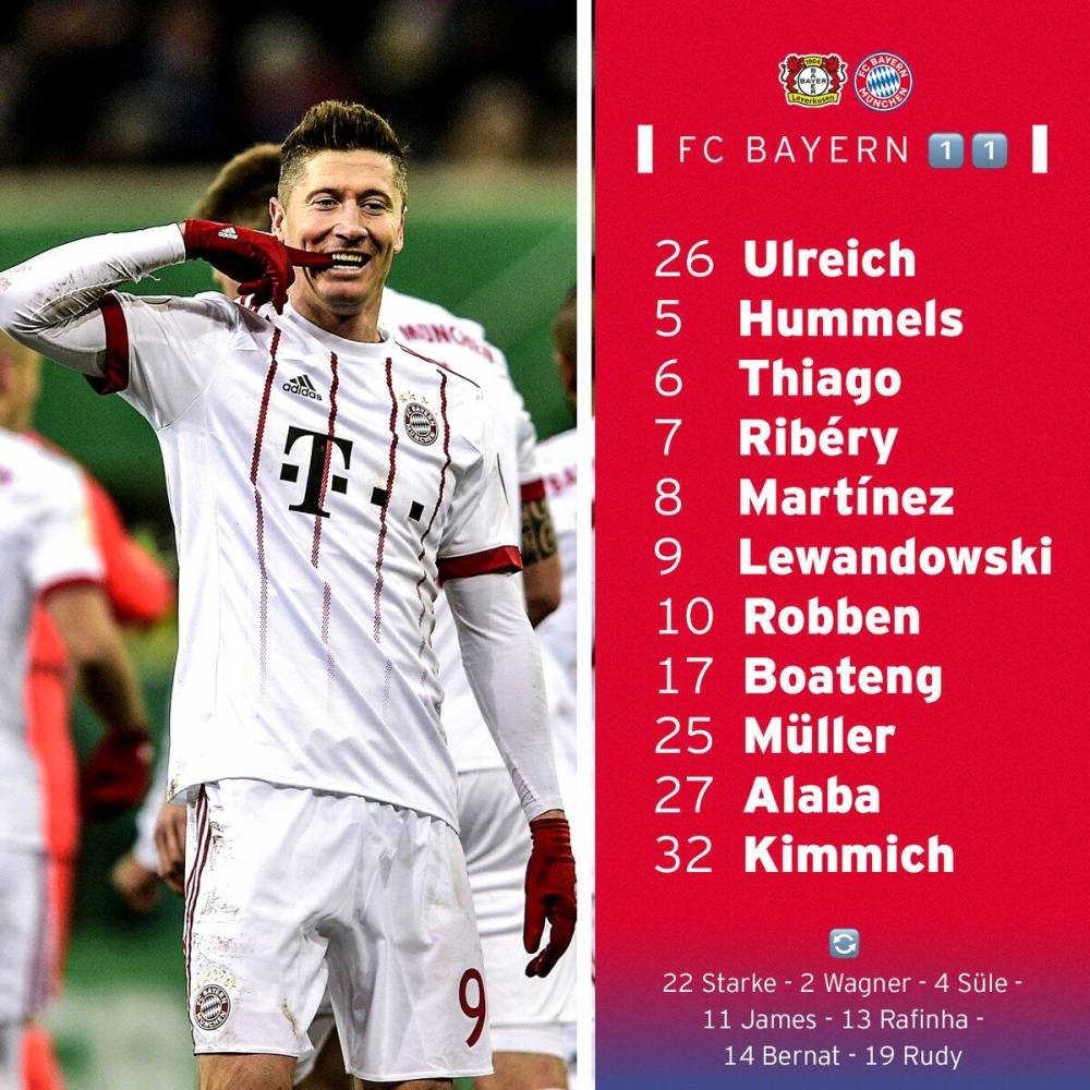 拜仁vs勒沃库森首发:罗贝里出战,J罗替补