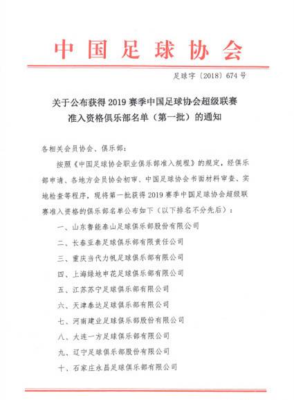 足协公布19年中超准入第一批名单 恒大上港武