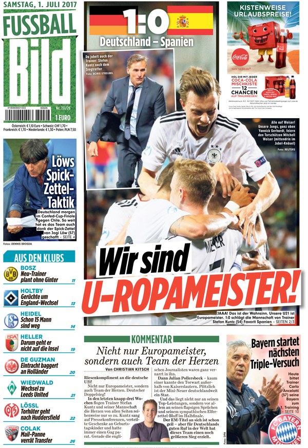 德甲今日头版:德国U21夺冠 拜仁今日开始训练