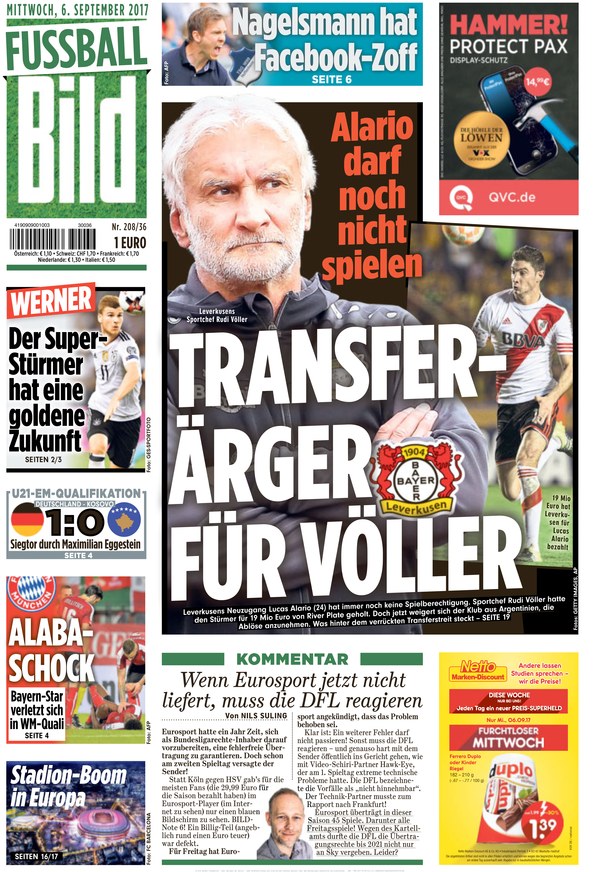 德甲今日头版:河床拒收解约金 德媒预测世界杯