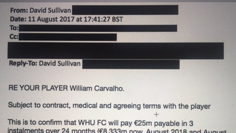 英媒:西汉姆有邮件证明向威廉-卡瓦略报过价-直