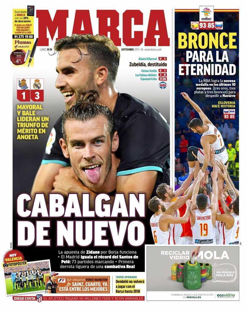 西甲今日头版:皇马取三分平纪录,登贝莱伤缺4