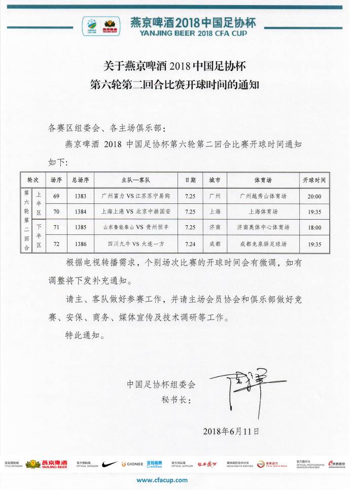 足协杯第六轮次回合开球时间确定